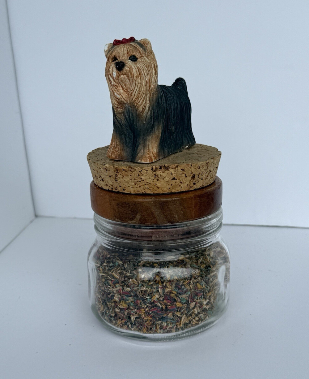 Glass Round Jar Canister w/ Cork Lid & Yorkie Figurine Topper